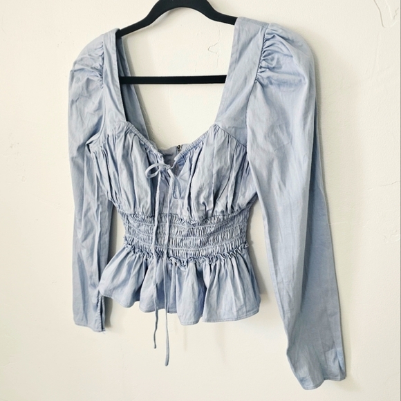 WAYF Blue Long Sleeves Tie Trim Plunge Neck Elastic Waist Women Top Size M - Picture 1 of 9